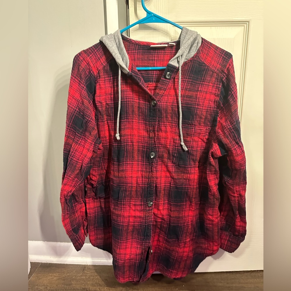 SO Red and Black Plaid Button Down Shirt with Gray Hood